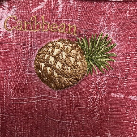 Caribbean Silk Shirt Men XL Hawaii Aloha Loop Collar Wood Buttn Palm Tree Resort - Picture 4 of 8